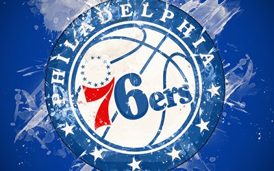 Philadelphia 76ers, 4k, الجرونج الفن, شعار, نادي كرة السلة الأمريكي, الأزرق خلفية الجرونج, رذاذ الطلاء, الدوري الاميركي للمحترفين, فيلادلفيا, بنسلفانيا, الولايات المتحدة الأمريكية, كرة السلة, الشرقي, الرابطة الوطنية لكرة السلة