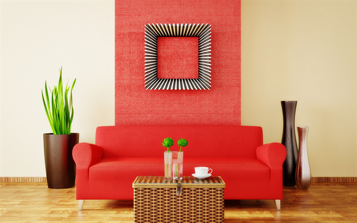 tyylik&#228;s sisustus, olohuone, punainen nahka sohva, valo itnerier, moderni muotoilu