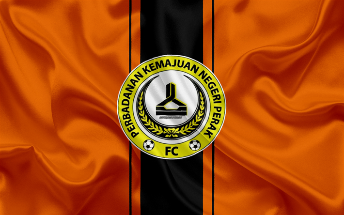 PKNP FC, Perbadanan kemajuan Negeri Perak FC, 4k, logo, silkki tekstuuri, Malesian football club, oranssi musta silkki lippu, Malesian Super League, Ipoh, Perak, Malesia, jalkapallo, FAM-Liiga