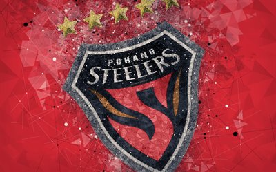 FC Pohang Steelers, 4k, logotyp, geometriska art, emblem, red abstrakt bakgrund, Sydkoreanska professional football club, K League 1, Pohang, Sydkorea, fotboll, kreativ konst
