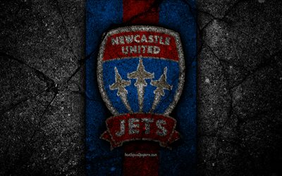 4k, Newcastle Jets FC, grunge, soccer, A-League, football club, Australia, black stone, Newcastle Jets, logo, asphalt texture, FC Newcastle Jets