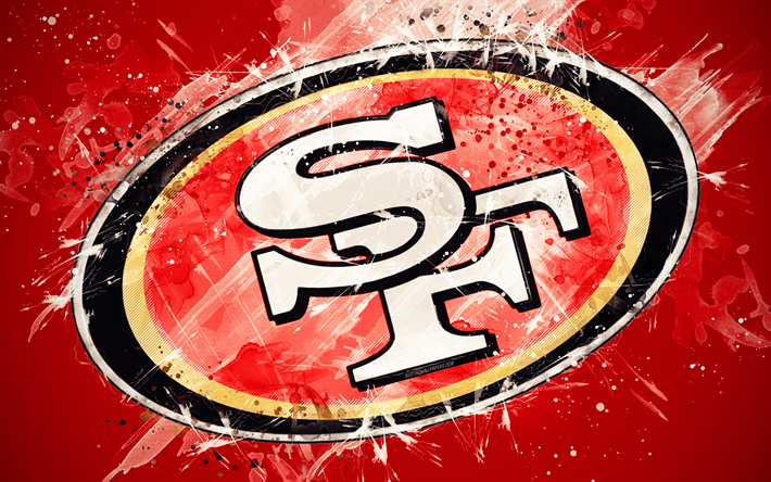 San Francisco 49ers, 4k, logo, grunge art, American football team, emblem, red background, paint art, NFL, San Francisco, California, USA, National Football League, creative art