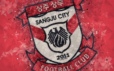 Sangju Sangmu FC, 4k, logo, geometric art, emblem, red abstract background, South Korean professional football club, K League 1, Sanju, South Korea, football, creative art