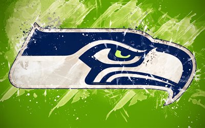 Seattle Seahawks, 4k, logo, grunge sanat, Amerikan futbol takımı, amblemi, yeşil arka plan, boya, sanat, NFL, Seattle, Washington, ABD Ulusal Futbol Ligi, yaratıcı sanat