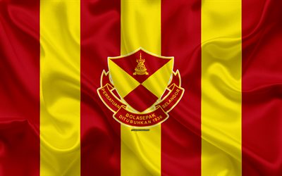Selangor FA, 4k, logo, silkki tekstuuri, Malesian football club, punainen keltainen silkki lippu, Malesian Super League, Selangor, Malesia, jalkapallo, FAM-Liiga