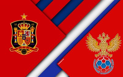 Spain vs Russia, 4k, material design, abstraction, logos, 2018 FIFA World Cup, Russia 2018, football match, 1 July, Luzhniki Stadium