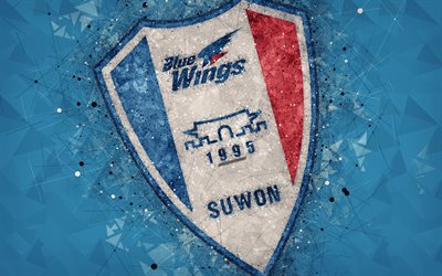 Suwon Samsung Bluewings FC, 4k, logo, geometric art, emblem, blue abstract background, South Korean professional football club, K League 1, Suwon, South Korea, football, creative art
