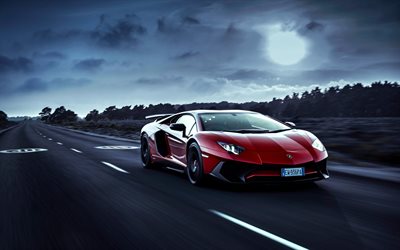 4k, Lamborghini Aventador, trevas, 2018 carros, borr&#227;o de movimento, supercarros, vermelho Aventador, Lamborghini