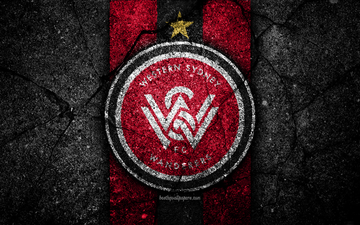 4k, Western Sydney Wanderers FC, grunge, futbol, Lig, Futbol Kul&#252;b&#252;, Avustralya, siyah Bir taş, WS Wanderers, logo, asfalt doku, FC Western Sydney Wanderers