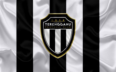 Terengganu FC, 4k, logo, silkki tekstuuri, Malesian football club, valkoinen musta silkki lippu, Malesian Super League, Kuala Terengganu, Terengganu, Malesia, jalkapallo, FAM-Liiga, Kelab Bola Sepak Terengganu