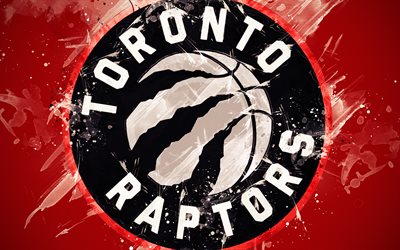 Toronto Raptors, 4k, grunge konst, logotyp, Kanadensiska basket club, r&#246;d grunge bakgrund, f&#228;rg st&#228;nk, NBA, emblem, Toronto, Ontario, Kanada, USA, basket, Eastern Conference, National Basketball Association