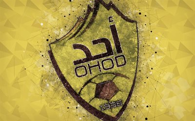Ohod FC, 4k, Saudi Football Club, creative logo, geometric art, emblem, Saudi Arabia, football, Saudi Professional League, Ohod, yellow abstract background, FC Ohod