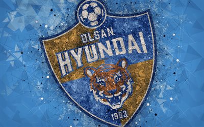 Ulsan Hyundai FC, 4k, logo, geometric art, emblem, blue abstract background, South Korean professional football club, K League 1, Ulsan, South Korea, football, creative art