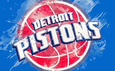 Detroit Pistons, 4k, grunge konst, logotyp, amerikansk basket club, bl&#229; grunge bakgrund, f&#228;rg st&#228;nk, NBA, emblem, Detroit, Michigan, USA, basket, Eastern Conference, National Basketball Association