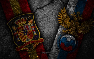 Spanien vs Ryssland, 4k, FOTBOLLS-Vm 2018, Omg&#229;ng 16, logotyp, Ryssland 2018, Fotbolls-Vm, Spanien fotboll, Ryssland fotboll, svart sten, &#197;ttonde-final