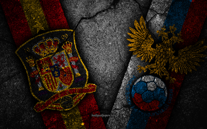 اسبانيا vs روسيا, 4k, كأس العالم لكرة القدم عام 2018, الجولة 16, شعار, روسيا 2018, كأس العالم لكرة القدم, إسبانيا لكرة القدم, روسيا فريق كرة القدم, الحجر الأسود, الثامنة النهائي
