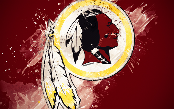 Washington Redskins, 4k, logo, grunge art, Amerikkalainen jalkapallo joukkue, tunnus, ruskea tausta, paint taidetta, NFL, Washington, USA, National Football League, creative art