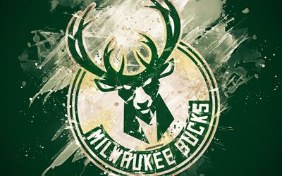 Milwaukee Bucks, 4k, grunge sanat, logo, Amerikan basketbol kul&#252;b&#252;, yeşil grunge arka plan boya sı&#231;raması, NBA, amblem, Milwaukee, Wisconsin, ABD, basketbol, Doğu Konferansı, Ulusal Basketbol Birliği