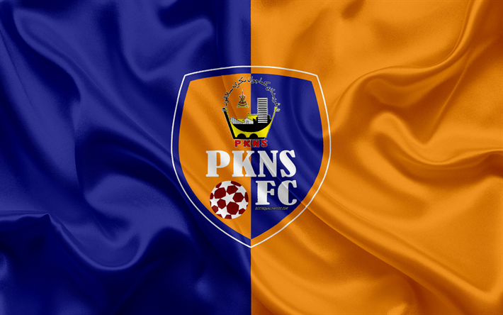 PKNS FC, Selangor State Development Corporation Football Club, 4k, logo, silk texture, Malaysian football club, blue orange silk flag, Malaysia Super League, Petaling Jaya, Malaysia, football, FAM League