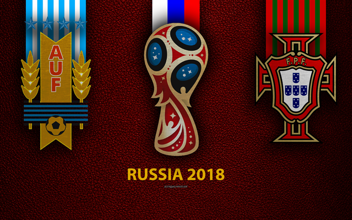 Uruguai vs Portugal, Rodada de 16, 4k, textura de couro, logo, Copa do Mundo da FIFA de 2018, A r&#250;ssia 2018, 30 de junho de, partida de futebol, arte criativa, equipes de futebol