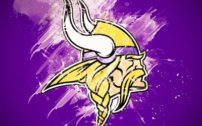 Minnesota Vikings, 4k, logo, grunge arte, Time de futebol americano, emblema, fundo roxo, a arte de pintura, NFL, Minneapolis, Minnesota, EUA, A Liga Nacional De Futebol, arte criativa