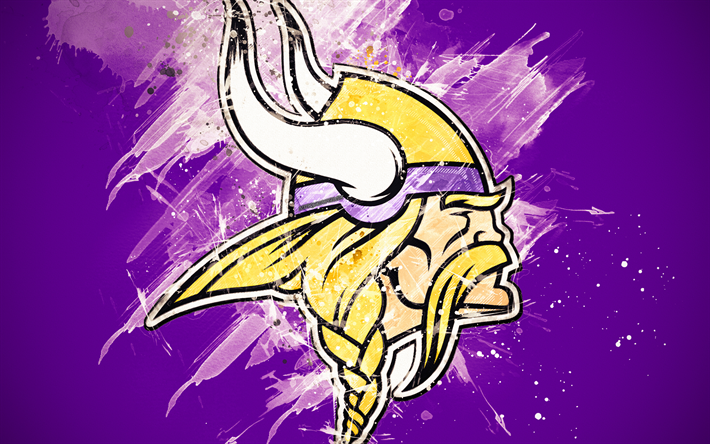 Minnesota Vikings, 4k, logo, grunge art, Amerikkalainen jalkapallo joukkue, tunnus, violetti tausta, paint taidetta, NFL, Minneapolis, Minnesota, USA, National Football League, creative art