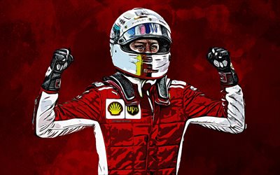 Sebastian Vettel, 4k, konst, ritning, grunge konst, Tysk racerf&#246;rare, Formel 1, kreativa m&#229;la konst, F1, r&#246;d grunge bakgrund