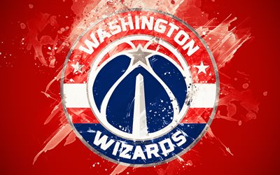 Washington Wizards, 4k, grunge sanat, logo, Amerikan basketbol kul&#252;b&#252;, kırmızı grunge arka plan boya sı&#231;raması, NBA, amblem, Washington, ABD, basketbol, Doğu Konferansı, Ulusal Basketbol Birliği