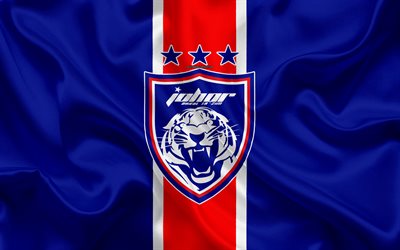 Johor Darul Tazim FC, 4k, logo, textura de seda, Ringgit futebol clube, azul de seda vermelha da bandeira, Mal&#225;sia Super Liga, Johor Bahru, Mal&#225;sia, futebol, FAM League, Johor DT FC