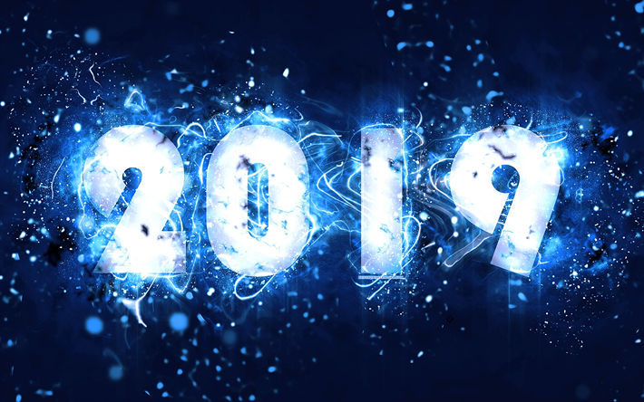 4k, 2019 o ano, luzes de neon, a arte abstrata, 2019 conceitos, fundo azul, criativo, Feliz Ano Novo 2019