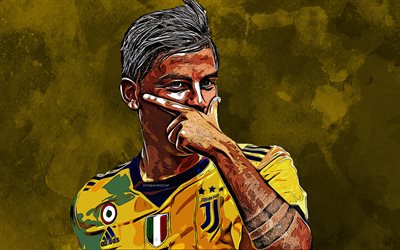 Paulo Dybala, 4k, grunge arte, desenho, jogador de futebol argentino, arte criativa, A Juventus FC, para a frente, Serie A, It&#225;lia, amarelo grunge de fundo