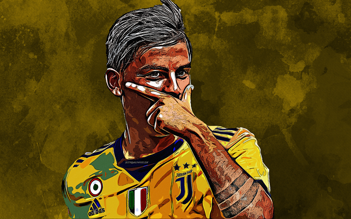 Paulo Dybala, 4k, grunge art, drawing, argentine footballer, creative art, Juventus FC, forward, Serie A, Italy, yellow grunge background