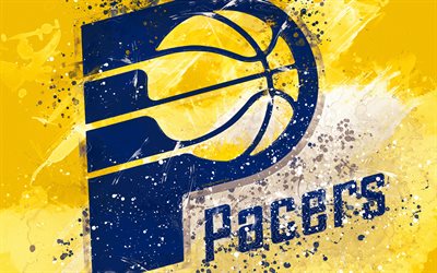 Indiana Pacers, 4k, grunge art, logo, american basketball club, yellow grunge background, paint splashes, NBA, emblem, Indiana, USA, basketball, Eastern Conference, National Basketball Association