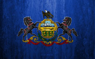 Flag of Pennsylvania, 4k, stone background, American state, grunge flag, Pennsylvania flag, USA, grunge art, Pennsylvania, flags of US states