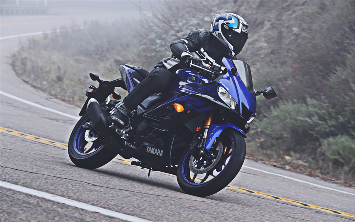 A Yamaha YZF-R3, 4k, estrada, 2019 motos, sbk, azul motocicleta, 2019 Yamaha YZF-R3, japon&#234;s motocicletas, Yamaha