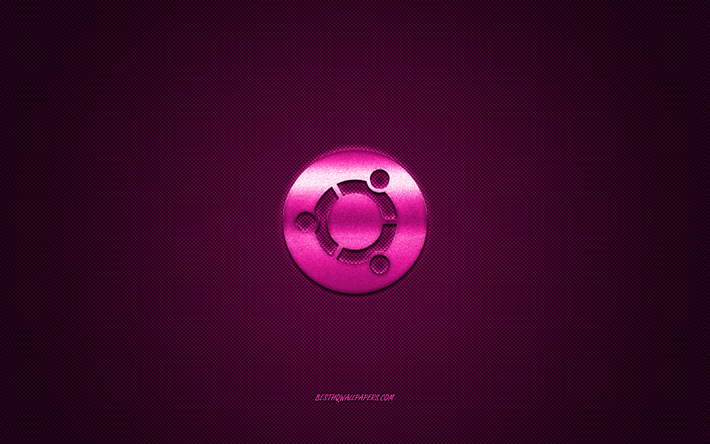 Ubuntu-logo, vaaleanpunainen kiilt&#228;v&#228; logo, Ubuntu metalli-tunnus, taustakuva Ubuntu, Linux, vaaleanpunainen hiilikuitu rakenne, Ubuntu, merkkej&#228;, creative art