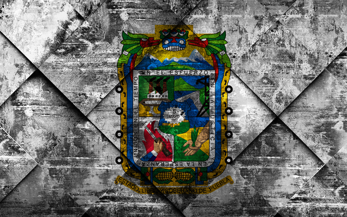 Bandeira de Puebla, grunge arte, rombo textura grunge, Estado mexicano, Puebla bandeira, M&#233;xico, Puebla, Estado de M&#233;xico, arte criativa