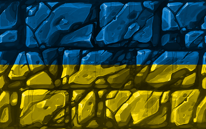العلم الأوكراني, brickwall, 4k, البلدان الأوروبية, الرموز الوطنية, علم أوكرانيا, الإبداعية, أوكرانيا, أوروبا, أوكرانيا 3D العلم