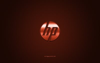 HP logo, bronze shiny logo, HP metal emblem, Hewlett-Packard, wallpaper for HP devices, bronze carbon fiber texture, HP, brands, creative art