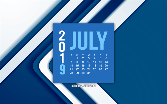 Juli 2019 kalender, creative bl&#229;tt m&#246;nster, bl&#229; abstrakt linjer bakgrund, 2019 kalendrar, Juli, 2019 begrepp, bl&#229; 2019 juli kalender