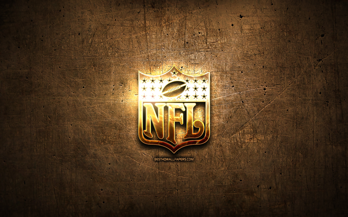 NFL altın logo, futbol ligleri, sanat, Ulusal Futbol Ligi, kahverengi metal arka plan, yaratıcı, NFL logo, marka, NFL