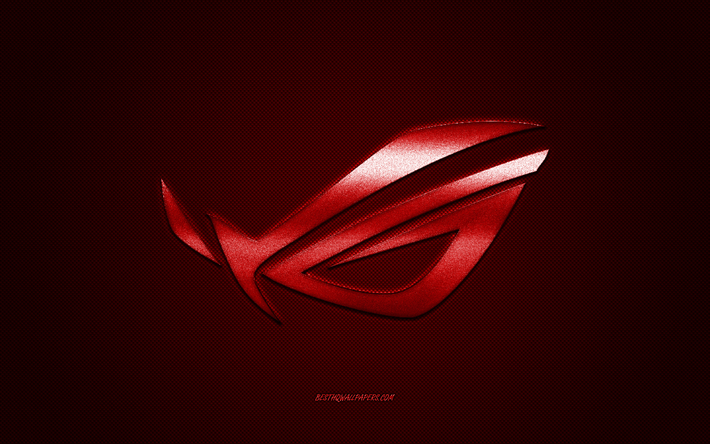 ROG logo, red shiny logo, ROG metal emblem, Republic Of Gamers, ASUS, red carbon fiber texture, ROG, brands, creative art