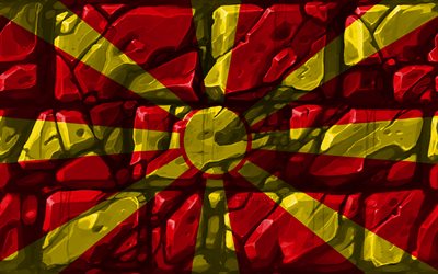 Macedone bandiera, brickwall, 4k, i paesi Europei, simboli nazionali, Bandiera del Nord Macedonia, creativo, Nord Macedonia, Europa, Nord Macedonia 3D bandiera