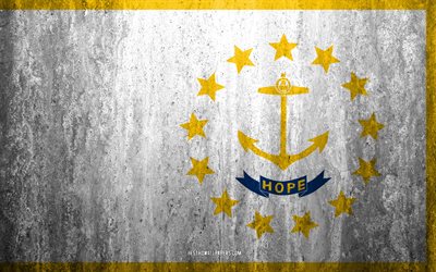 Flag of Rhode island, 4k, stone background, American state, grunge flag, Rhode island flag, USA, grunge art, Rhode island, flags of US states