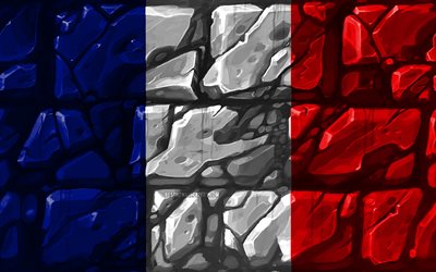 French flag, brickwall, 4k, European countries, national symbols, Flag of France, creative, France, Europe, France 3D flag