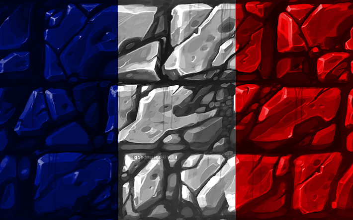 Franska flaggan, brickwall, 4k, Europeiska l&#228;nder, nationella symboler, Flagg, kreativa, Frankrike, Europa, Frankrike 3D-flagga