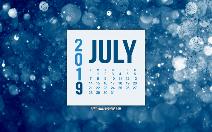 July 2019 calendar, blue motion blur background, creative blue background, 2019 calendars, July, 2019 concepts, blue 2019 July calendar