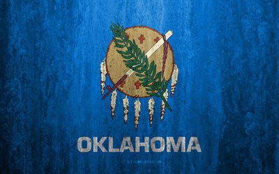 Flag of Oklahoma, 4k, stone background, American state, grunge flag, Oklahoma flag, USA, grunge art, Oklahoma, flags of US states