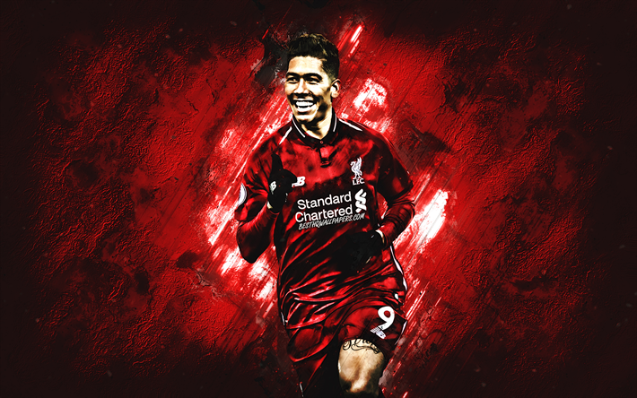Roberto Firmino, O Liverpool FC, Futebolista brasileiro, o meia-atacante, Liverpool 2020 jogadores de futebol, pedra vermelha de fundo