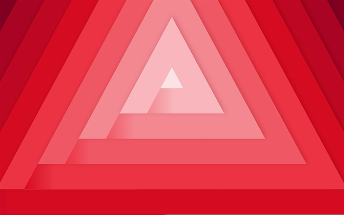 red triangles, 4k, material design, geometric shapes, lollipop, triangles, creative, strips, geometry, red backgrounds